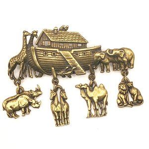 Vintage Noah's Ark Brooch JJ Jonette Jewelry Signed JJ Antiqued Gold Tone Finish